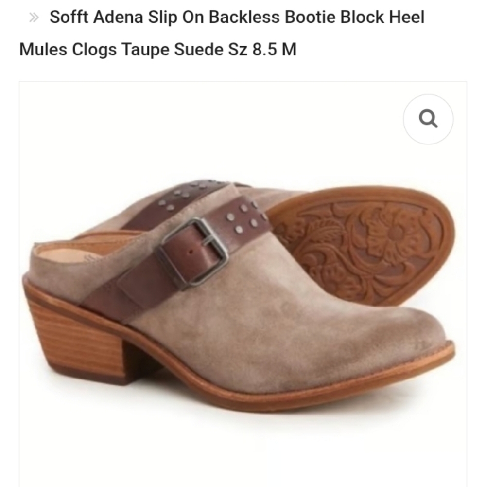 Sofft Adena Suede Leather Buckle Taupe Boho Western Block Heel  Clog Mule 8.5
